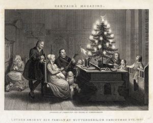 Steel engraving of Martin Luther's Christmas Tree, from Sartain's Magazine, circa 1860