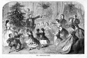 Woodblock Engraving of "The Christmas Tree" by Winslow Homer, from Harper's Weekly, 1858